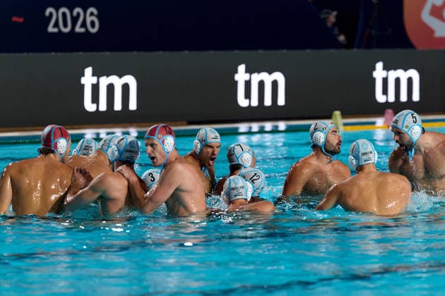 Pro Recco players huddle up ahead of the European Aquatics Men™s Water polo, Wasserball Champions League semi-final (SF2) match between Pro Recco and Olympiacos SFP at the National Pool, Tal-Qroqq, Malta, on 11 June 2026. Pro Recco v Olympiacos SFP - Men™s Water Polo Men Champions League 2026 EA_CL_2026_MLT