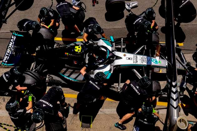 BARCELONA Practice a pit stop with the car of Formula 1 driver Kimi Antonelli or Mercedes AMG Petronas Formula One Team during the Formula 1 Spain Catalonia at the Circuit de Barcelona Catalunya on June 12, 2026 in Barcelona, Spain Photo by DeFodi Images
