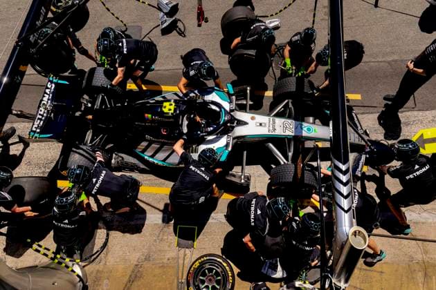 BARCELONA Practice a pit stop with the car of Formula 1 driver Kimi Antonelli or Mercedes AMG Petronas Formula One Team during the Formula 1 Spain Catalonia at the Circuit de Barcelona Catalunya on June 12, 2026 in Barcelona, Spain Photo by DeFodi Images