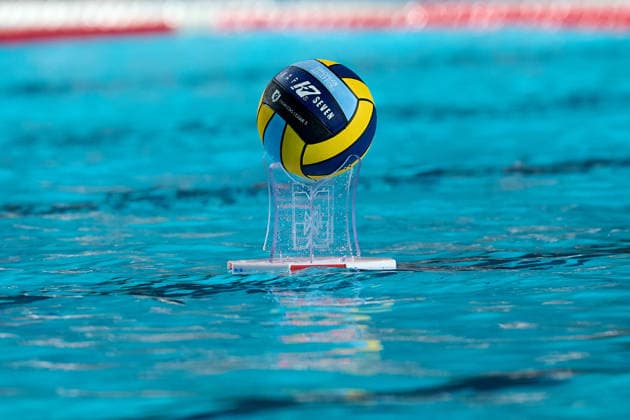 The KAP7 LEN European Aquatics Official Champions League ball stands on a floating ball holder ahead of the European Aquatics Men™s Water polo, Wasserball Champions League semi-final (SF2) match between Pro Recco and Olympiacos SFP at the National Pool, Tal-Qroqq, Malta, on 11 June 2026. Pro Recco v Olympiacos SFP - Men™s Water Polo Men Champions League 2026 EA_CL_2026_MLT