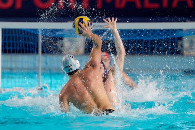 Nicholas Presciutti (front) of Pro Recco is in action during the European Aquatics Men™s Water polo, Wasserball Champions League semi-final (SF2) match between Pro Recco and Olympiacos SFP at the National Pool, Tal-Qroqq, Malta, on 11 June 2026. Pro Recco v Olympiacos SFP - Men™s Water Polo Men Champions League 2026 EA_CL_2026_MLT