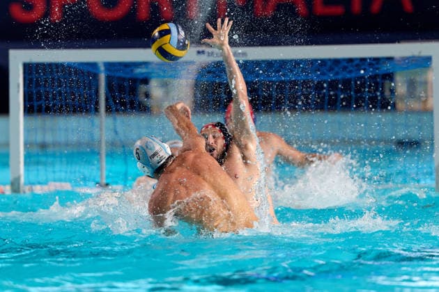 Nicholas Presciutti (front) of Pro Recco is in action during the European Aquatics Men™s Water polo, Wasserball Champions League semi-final (SF2) match between Pro Recco and Olympiacos SFP at the National Pool, Tal-Qroqq, Malta, on 11 June 2026. Pro Recco v Olympiacos SFP - Men™s Water Polo Men Champions League 2026 EA_CL_2026_MLT