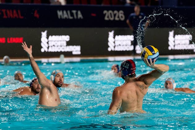 Alexandros Papanastasiou (right) of Olympiacos SFP is in action during the European Aquatics Men™s Water polo, Wasserball Champions League semi-final (SF2) match between Pro Recco and Olympiacos SFP at the National Pool, Tal-Qroqq, Malta, on 11 June 2026. Pro Recco v Olympiacos SFP - Men™s Water Polo Men Champions League 2026 EA_CL_2026_MLT