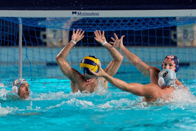 Luke Anthony Pavillard (right) of Pro Recco is in action during the European Aquatics Men™s Water polo, Wasserball Champions League semi-final (SF2) match between Pro Recco and Olympiacos SFP at the National Pool, Tal-Qroqq, Malta, on 11 June 2026. Pro Recco v Olympiacos SFP - Men™s Water Polo Men Champions League 2026 EA_CL_2026_MLT