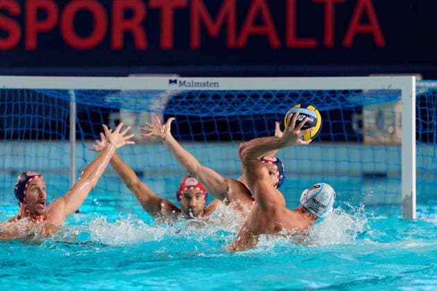 Luke Anthony Pavillard (right) of Pro Recco is in action during the European Aquatics Men™s Water polo, Wasserball Champions League semi-final (SF2) match between Pro Recco and Olympiacos SFP at the National Pool, Tal-Qroqq, Malta, on 11 June 2026. Pro Recco v Olympiacos SFP - Men™s Water Polo Men Champions League 2026 EA_CL_2026_MLT