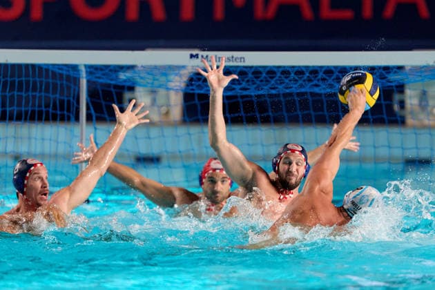 Luke Anthony Pavillard (right) of Pro Recco is in action during the European Aquatics Men™s Water polo, Wasserball Champions League semi-final (SF2) match between Pro Recco and Olympiacos SFP at the National Pool, Tal-Qroqq, Malta, on 11 June 2026. Pro Recco v Olympiacos SFP - Men™s Water Polo Men Champions League 2026 EA_CL_2026_MLT