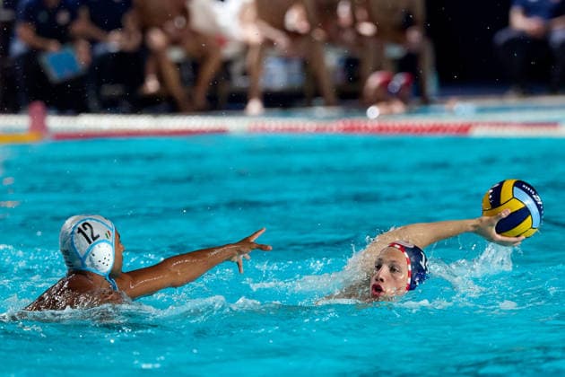 Evangelos Pouros (right) of Olympiacos SFP is in action during the European Aquatics Men™s Water polo, Wasserball Champions League semi-final (SF2) match between Pro Recco and Olympiacos SFP at the National Pool, Tal-Qroqq, Malta, on 11 June 2026. Pro Recco v Olympiacos SFP - Men™s Water Polo Men Champions League 2026 EA_CL_2026_MLT
