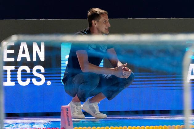 Sandro Sukno, head coach of Pro Recco gestures during the European Aquatics Men™s Water polo, Wasserball Champions League semi-final (SF2) match between Pro Recco and Olympiacos SFP at the National Pool, Tal-Qroqq, Malta, on 11 June 2026. Pro Recco v Olympiacos SFP - Men™s Water Polo Men Champions League 2026 EA_CL_2026_MLT