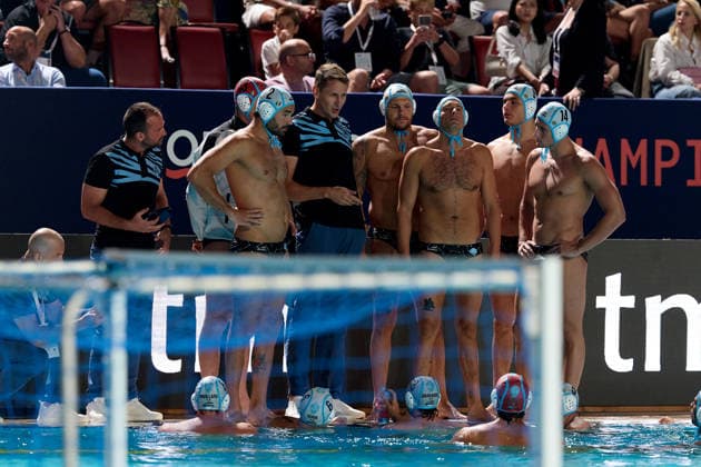 Sandro Sukno, head coach of Pro Recco, gives instructions to his players during a timeout in the European Aquatics Men™s Water polo, Wasserball Champions League semi-final (SF2) match between Pro Recco and Olympiacos SFP at the National Pool, Tal-Qroqq, Malta, on 11 June 2026. Pro Recco v Olympiacos SFP - Men™s Water Polo Men Champions League 2026 EA_CL_2026_MLT