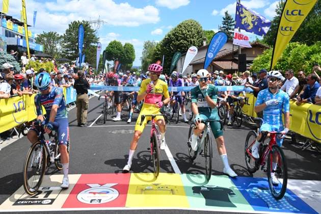 Tour Auvergne - Rhone-Alpes 2026 Stage 6 CREST-VOLAND, FRANCE - JUNE 12 : Reinderink Pepijn (NED) of Soudal Quick-Step, Baudin Alex (FRA) of EF Education - Easypost, Raisberg Nadav (ISR) of NSN Cycling Team, Braz Afonso Clement (FRA) of Groupama - FDJ United during stage 6 of the 78th edition of Tour Auvergne - Rhone-Alpes an UCI World Tour 2.UWT cycling road race stage for Men Elite of 182.3 km with start in Saint-Vulbas and finish in Crest-Voland on June 12, 2026 in Crest-Voland, France, 12 06 2026 ( Motordriver Guy De Vuyst - Crest-Voland France  Copyright: xVincentxKalutx