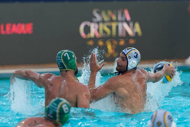 Alessandro Velotto (right) of Zodiac CNAB is in action against Janos Gergo Fekete of FTC Telekom Waterpolo during the European Aquatics Men™s Water polo, Wasserball Champions League semi-final (SF1) match between Zodiac CNAB and FTC Telekom Waterpolo at the National Pool, Tal-Qroqq, Malta, on 11 June, 2026 Zodiac CNAB v FTC Telekom Waterpolo - Men™s Water Polo Men Champions League 2026 EA_CL_2026_MLT