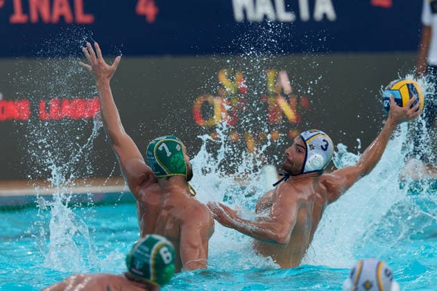 Alessandro Velotto (right) of Zodiac CNAB is in action against Janos Gergo Fekete of FTC Telekom Waterpolo during the European Aquatics Men™s Water polo, Wasserball Champions League semi-final (SF1) match between Zodiac CNAB and FTC Telekom Waterpolo at the National Pool, Tal-Qroqq, Malta, on 11 June, 2026 Zodiac CNAB v FTC Telekom Waterpolo - Men™s Water Polo Men Champions League 2026 EA_CL_2026_MLT