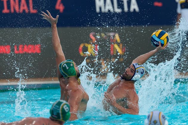 Alessandro Velotto (right) of Zodiac CNAB is in action against Janos Gergo Fekete of FTC Telekom Waterpolo during the European Aquatics Men™s Water polo, Wasserball Champions League semi-final (SF1) match between Zodiac CNAB and FTC Telekom Waterpolo at the National Pool, Tal-Qroqq, Malta, on 11 June, 2026 Zodiac CNAB v FTC Telekom Waterpolo - Men™s Water Polo Men Champions League 2026 EA_CL_2026_MLT