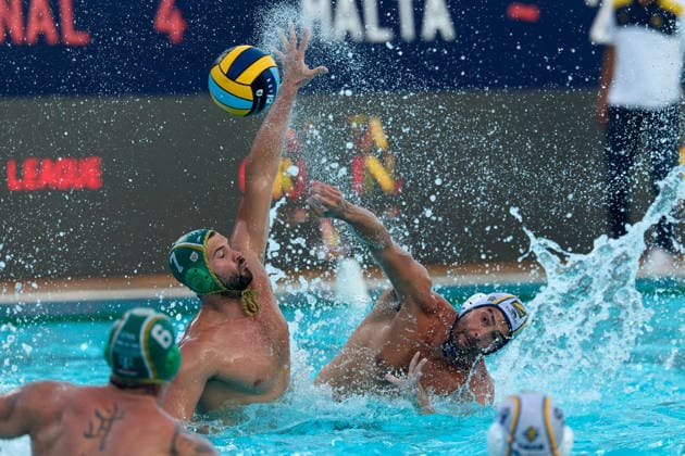 Alessandro Velotto (right) of Zodiac CNAB is in action against Janos Gergo Fekete of FTC Telekom Waterpolo during the European Aquatics Men™s Water polo, Wasserball Champions League semi-final (SF1) match between Zodiac CNAB and FTC Telekom Waterpolo at the National Pool, Tal-Qroqq, Malta, on 11 June, 2026 Zodiac CNAB v FTC Telekom Waterpolo - Men™s Water Polo Men Champions League 2026 EA_CL_2026_MLT