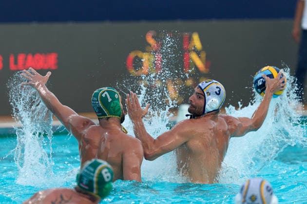 Alessandro Velotto (right) of Zodiac CNAB is in action against Janos Gergo Fekete of FTC Telekom Waterpolo during the European Aquatics Men™s Water polo, Wasserball Champions League semi-final (SF1) match between Zodiac CNAB and FTC Telekom Waterpolo at the National Pool, Tal-Qroqq, Malta, on 11 June, 2026 Zodiac CNAB v FTC Telekom Waterpolo - Men™s Water Polo Men Champions League 2026 EA_CL_2026_MLT