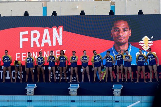Zodiac CNAB players stand ahead of the European Aquatics Men™s Water polo, Wasserball Champions League semi-final (SF1) match between Zodiac CNAB and FTC Telekom Waterpolo at the National Pool, Tal-Qroqq, Malta, on 11 June, 2026 Zodiac CNAB v FTC Telekom Waterpolo - Men™s Water Polo Men Champions League 2026 EA_CL_2026_MLT