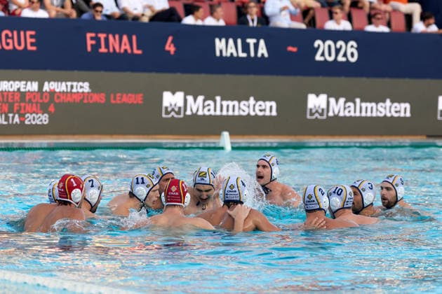 Zodiac CNAB players huddle up ahead of the European Aquatics Men™s Water polo, Wasserball Champions League semi-final (SF1) match between Zodiac CNAB and FTC Telekom Waterpolo at the National Pool, Tal-Qroqq, Malta, on 11 June, 2026 Zodiac CNAB v FTC Telekom Waterpolo - Men™s Water Polo Men Champions League 2026 EA_CL_2026_MLT