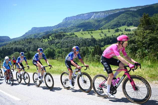 Tour Auvergne - Rhone-Alpes 2026 Stage 6 CREST-VOLAND, FRANCE - JUNE 12 : Steinhauser Georg (GER) of EF Education - Easypost, Van Gils Maxim (BEL) of Red Bull - BORA - Hansgrohe, Thornley Callum (GBR) of Red Bull - BORA - Hansgrohe during stage 6 of the 78th edition of Tour Auvergne - Rhone-Alpes an UCI World Tour 2.UWT cycling road race stage for Men Elite of 182.3 km with start in Saint-Vulbas and finish in Crest-Voland on June 12, 2026 in Crest-Voland, France, 12 06 2026 ( Motordriver Guy De Vuyst - Crest-Voland France  Copyright: xVincentxKalutx