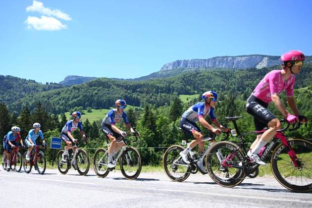 Tour Auvergne - Rhone-Alpes 2026 Stage 6 CREST-VOLAND, FRANCE - JUNE 12 : Steinhauser Georg (GER) of EF Education - Easypost, Van Gils Maxim (BEL) of Red Bull - BORA - Hansgrohe, Thornley Callum (GBR) of Red Bull - BORA - Hansgrohe during stage 6 of the 78th edition of Tour Auvergne - Rhone-Alpes an UCI World Tour 2.UWT cycling road race stage for Men Elite of 182.3 km with start in Saint-Vulbas and finish in Crest-Voland on June 12, 2026 in Crest-Voland, France, 12 06 2026 ( Motordriver Guy De Vuyst - Crest-Voland France  Copyright: xVincentxKalutx