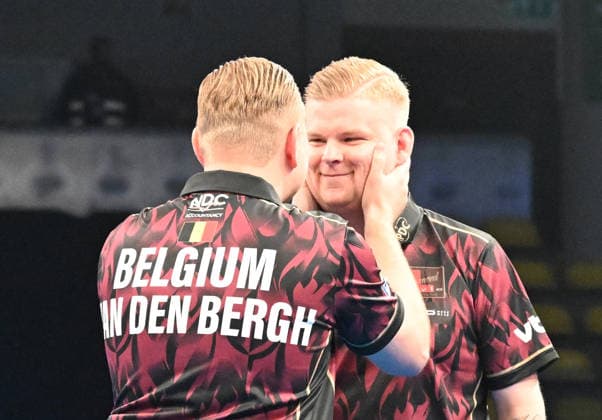 12 06 2026, xhbx, Dart World Cup of Darts 2026, v l Dimitri Van den Bergh Belgium , Mike de Decker Belgium cheering after the end of the match DFL DFB REGULATIONS PROHIBIT ANY USE OF PHOTOGRAPHS as IMAGE SEQUENCES and or QUASI VIDEO Frankfurt