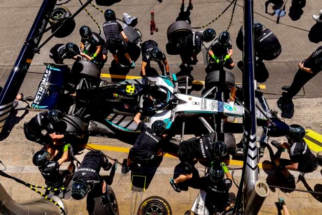 BARCELONA Practicing the pit stop with the car of Formula 1 driver Kimi Antonelli or Mercedes AMG Petronas Formula One Team during the Formula 1 Spain Catalonia at the Circuit de Barcelona Catalunya on June 12, 2026 in Barcelona, Spain Photo by DeFodi Images