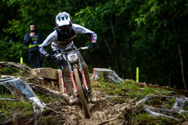 Whoop UCI Mountain Bike World Series Leogang Downhill ALRAN Till COMMENCAL MUC OFF BY RIDING ADDICTIONat Whoop UCI Mountain Bike World Series Leogang Downhill, 12 06 2026,in Leogang,AUT Photo Sebastian Sternemann
