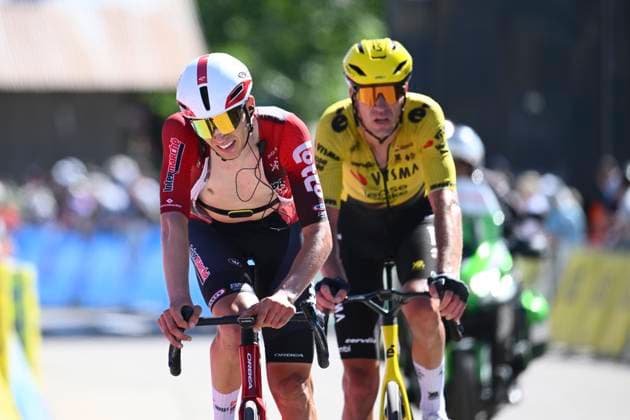 Tour Auvergne - Rhone-Alpes 2026 Stage 6 CREST-VOLAND, FRANCE - JUNE 12 : Craps Lars (BEL) of Lotto Intermarche, Armirail Bruno (FRA) of Team Visma Lease a Bike during stage 6 of the 78th edition of Tour Auvergne - Rhone-Alpes an UCI World Tour 2.UWT cycling road race stage for Men Elite of 182.3 km with start in Saint-Vulbas and finish in Crest-Voland on June 12, 2026 in Crest-Voland, France, 12 06 2026 ( Motordriver Guy De Vuyst - Crest-Voland France  Copyright: xVincentxKalutx