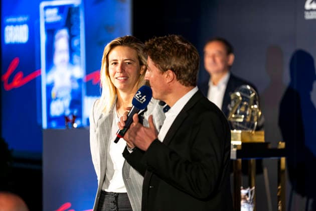 24 HEURES DU MANS 2026 - FRIDAY BOVY Sarah (bel), Grand Marshal of the 24 Hours of Le Mans 2026, portrait, VANDESTICK Bruno during the 24 Hours of Le Mans 2026, 4th round of the 2026 FIA World Endurance Championship, on June 12, 2026 on the Circuit des 24 Heures du Mans in Le Mans, France - Le MansFrance  Copyright: xFabrizioxBoldonix