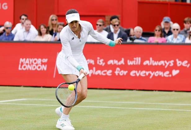 RECORD DATE NOT STATED 12th June 2026; HSBC Championships, Queens Club, West Kensington, London, England; HSBC Championships Tennis, Day Three; Sorana Cirstea (ROU) plays a forehand shot against Emma Raducanu (GBR) HongboxChen