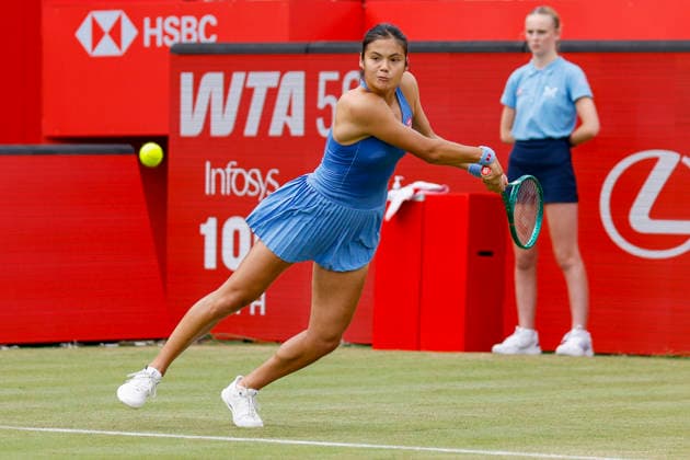 RECORD DATE NOT STATED 12th June 2026; HSBC Championships, Queens Club, West Kensington, London, England; HSBC Championships Tennis, Day Three; Emma Raducanu (GBR) plays a backhand shot against Sorana Cirstea (ROU) HongboxChen