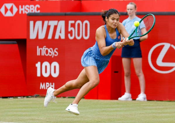 RECORD DATE NOT STATED 12th June 2026; HSBC Championships, Queens Club, West Kensington, London, England; HSBC Championships Tennis, Day Three; Emma Raducanu (GBR) plays a backhand shot against Sorana Cirstea (ROU) HongboxChen
