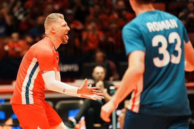 Milan Monik (CZE), left, gestures during the European Volleyball League match Bosnia and Herzegovina vs. Czech Republic, in Jihlava, June 12, 2026. (CTKxPhoto JaroslavxSvoboda) CTKPhotoP2026061206872  CTKPhotoP2026061206872