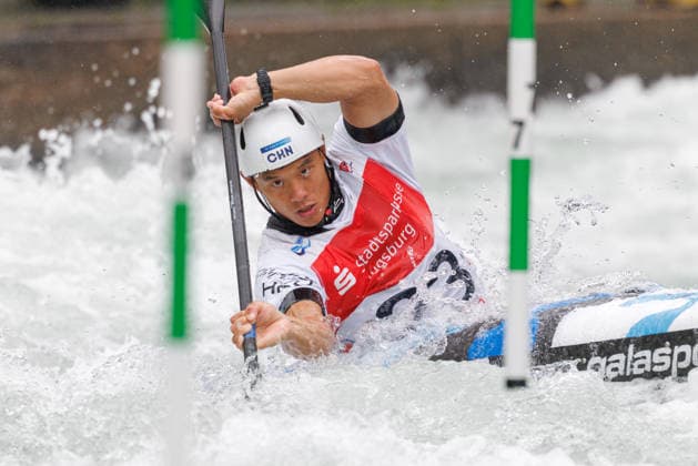 Xin Quan CHN at ICF CANOE SLALOM WORLD CUP, Canoeing, Men, Kayak, 2026, on 12 06 2026 in Augsburg, Eiskanal Bayern Germany