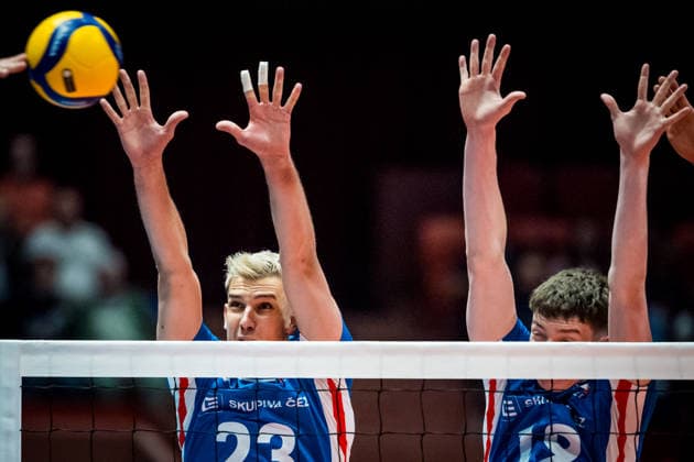 L-R Patrik Indra, Antonin Klimes (both CZE) in action during the European Volleyball League match Bosnia and Herzegovina vs. Czech Republic, in Jihlava, June 12, 2026. (CTKxPhoto JaroslavxSvoboda) CTKPhotoP2026061207115  CTKPhotoP2026061207115