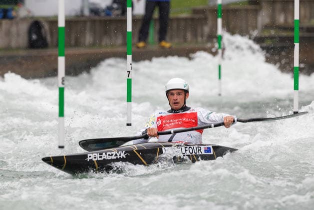 Lucien Delfour AUS at ICF CANOE SLALOM WORLD CUP, Canoeing, Men, Kayak, 2026, on 12 06 2026 in Augsburg, Eiskanal Bayern Germany