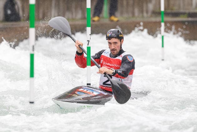 Giovanni De Gennaro ITA Anatole Delassus FRA at ICF CANOE SLALOM WORLD CUP, Canoeing, Men, Kayak, 2026, on 12 06 2026 in Augsburg, Eiskanal Bayern Germany