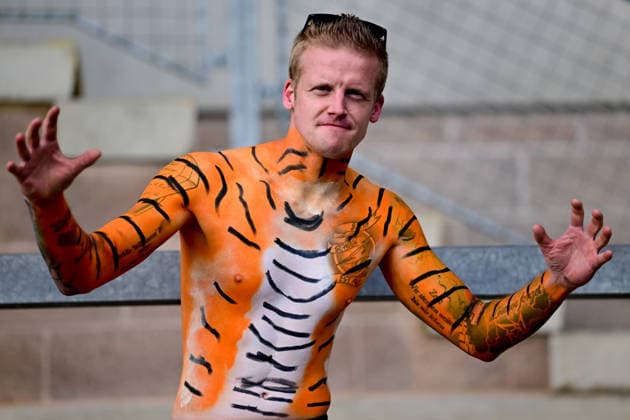 Sport Bilder des Tages Northampton Saints v Leicester Tigers, Gallagher Premiership Rugby, Play Off A Tigers fan, body painted as a Tiger during the Gallagher Premiership Play Off Rugby match between Northampton Saints and Leicester Tigers at Franklins Gardens, Northampton, UK on 12 June 2026. Northampton Franklins Gardens Northamptonshire UK Editorial use only , Copyright: xDennisxGoodwinx PSI-24404-0003
