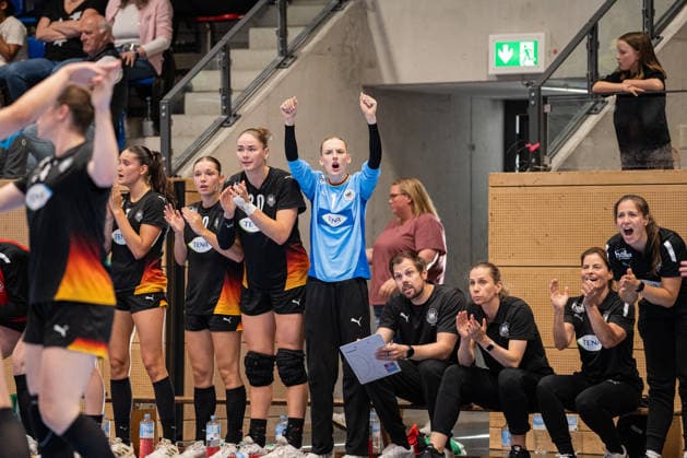 U20 Women National Team Germany GER vs U20 Women National Team France FRA , Handball, Four Nations Tournament, 12 6 2026, Season 2025 2026, Hannover Marlene Tucholke Germany U20 Women, 20, plays for HC Leipzig and Lena Lindemann Germany U20 Women, 16, plays for Bergischer HC cheer after a goal Hannover Sportzentrum Vinnhorst Germany