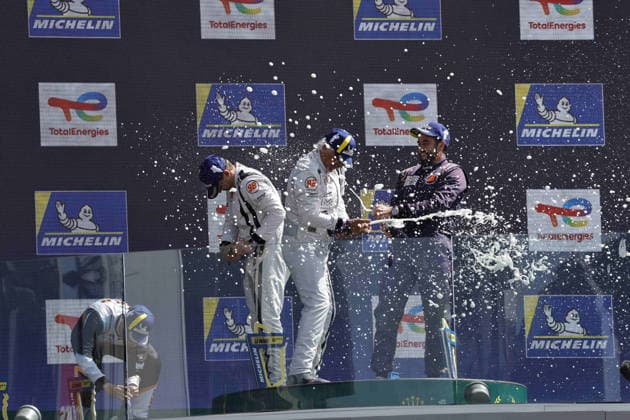 AUTO - ROAD TO LE MANS 2026 98 DE DONCKER Eric (bel), HENRION Gillian (fra), Motorsport98 MLMC, Ligier JS P325 - Toyota, 03 RAMMO Antti (est), ANTONEL Quentin (fra), DKR Engineering, Ligier JS P325 - Toyota, 66 PARROW Steve (aut), PEDERSEN Mikkel Gaarde (den), Rinaldi Racing MLMC, Ligier JS P325 - Toyota, podium portrait during the Road to Le Mans 2026, 3rd round of the 2026 Michelin Le Mans Cup, from June 10 to 12, 2026 on the Circuit des 24 Heures du Mans in Le Mans, France - Le MansFrance  Copyright: xPauloxMariax