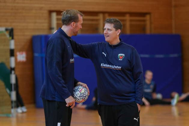 12 06 2026, xgox, Handball EHF Champions League Media Day and final training emspor, f l Max Darj Berlin, 5 and Nicolej Krickau Berlin, coach Koeln