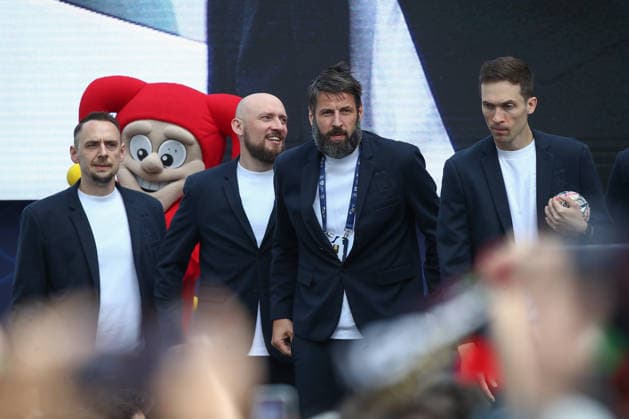 12 06 2026, xtgx,Handball, EHF Champions League, Opening Party f l Goalkeeping Coach Dino Spiranec, Yves Grafenhorst Magdeburg, Co Coach Bennet Wiegert Magdeburg, Coach , Nikola Portner Magdeburg, 80 Koeln