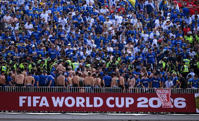 Football FIFA World Cup 2026 Preliminary Round Group B Canada Bosnia Herzegovina 12 06 2026 The Canadian police in the block of the Bosnia Herzegovina Ultra Group