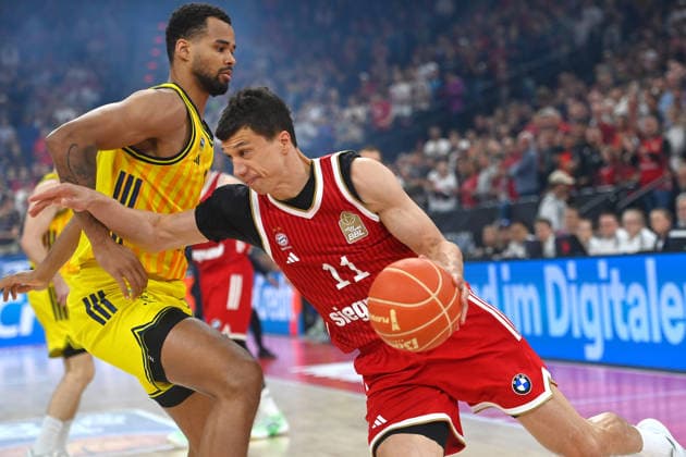 VLADIMIR LUCIC FCB , action,duel against Norris AGBAKOKO Berlin Basketball BBL,Season 2025 2026 Play Off Final Game 1, FC Bayern Muenchen Alba Berlin on 12 06 2026 S A P G A R D EN