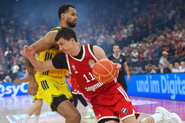 VLADIMIR LUCIC FCB , action,duel against Norris AGBAKOKO Berlin Basketball BBL,Season 2025 2026 Play Off Final Game 1, FC Bayern Muenchen Alba Berlin on 12 06 2026 S A P G A R D EN