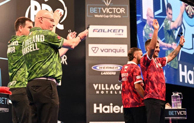 12 06 2026, xhbx, Dart World Cup of Darts 2026, v l William O Connor Ireland , Mickey Mansell Ireland , Justin Hewitt Gibraltar , Craig Galliano Gibraltar DFL DFB REGULATIONS PROHIBIT ANY USE OF PHOTOGRAPHS as IMAGE SEQUENCES and or QUASI VIDEO Frankfurt
