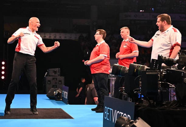 12 06 2026, xhbx, Dart World Cup of Darts 2026, v l Marcel Walpen Switzerland , Sebastian Bialecki Poland , Krzysztof Ratajski Poland , Stefan Bellmont Switzerland DFL DFB REGULATIONS PROHIBIT ANY USE OF PHOTOGRAPHS as IMAGE SEQUENCES and or QUASI VIDEO Frankfurt