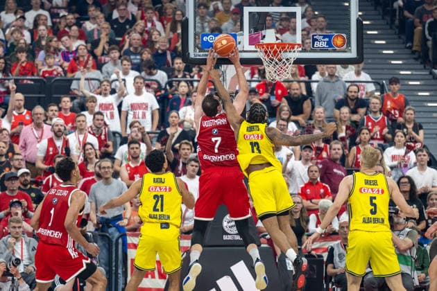 Johannes Voigtmann 7 FC Bayern Basketball in a duel with J wan Roberts 13 Alba Berlin at the basket, FC Bayern Basketball vs Alba Berlin, BBL, Final 1, 12 06 2026 Munich Bavaria Germany Copyright: xkolbert-press UlrichxGamelx
