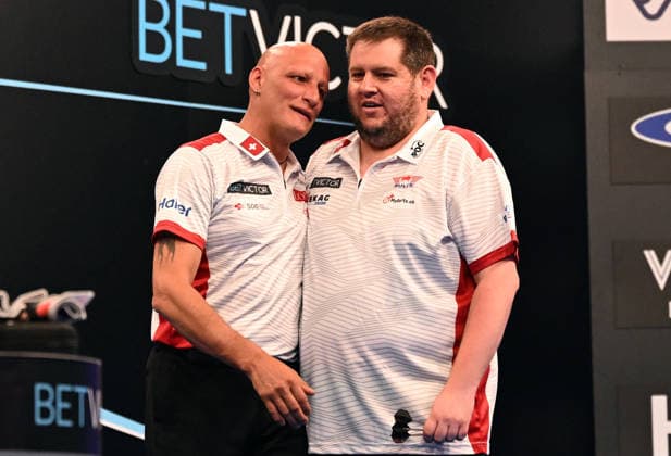 12 06 2026, xhbx, Dart World Cup of Darts 2026, v l Marcel Walpen Switzerland , Stefan Bellmont Switzerland disappointed, looking disappointed, dissapointed DFL DFB REGULATIONS PROHIBIT ANY USE OF PHOTOGRAPHS as IMAGE SEQUENCES and or QUASI VIDEO Frankfurt