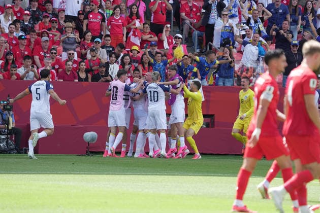CAN, World Cup FIFA 2026, preliminary round, Canada vs Bosnia and Herzegovina 12 06 2026, Toronto Stadium, Toronto, CAN, World Cup FIFA 2026, preliminary round, Canada vs Bosnia and Herzegovina, pictured Jovo Lukic Bosnia celebrates the goal for 0 1 nordphotoxGmbHx xBratic nph00250