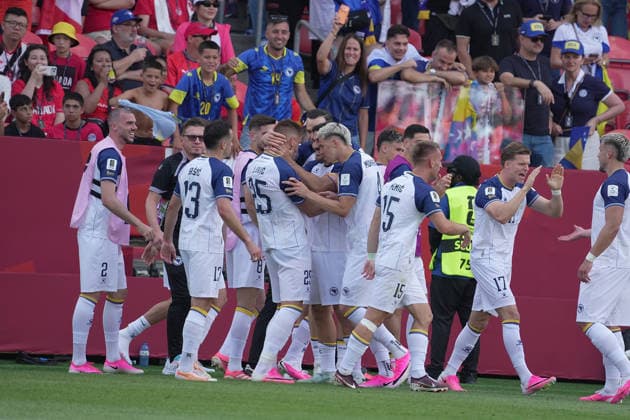 CAN, World Cup FIFA 2026, preliminary round, Canada vs Bosnia and Herzegovina 12 06 2026, Toronto Stadium, Toronto, CAN, World Cup FIFA 2026, preliminary round, Canada vs Bosnia and Herzegovina, pictured Jovo Lukic Bosnia celebrates the goal for 0 1 nordphotoxGmbHx xBratic nph00250